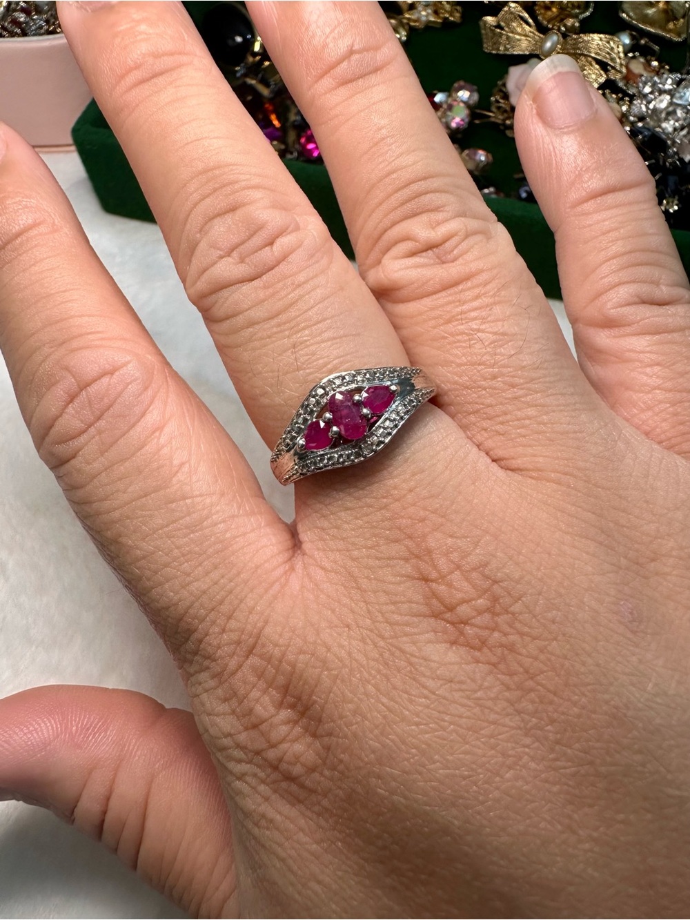Vintage Sterling Silver 925 3 stone marquise Ruby Ring sz7